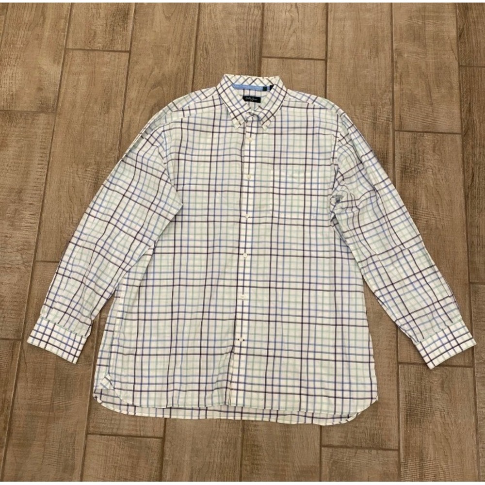 Bobby Jones Shirt XXL Mens Blue Green Plaid Golf Button Up Long Sleeve Preppy